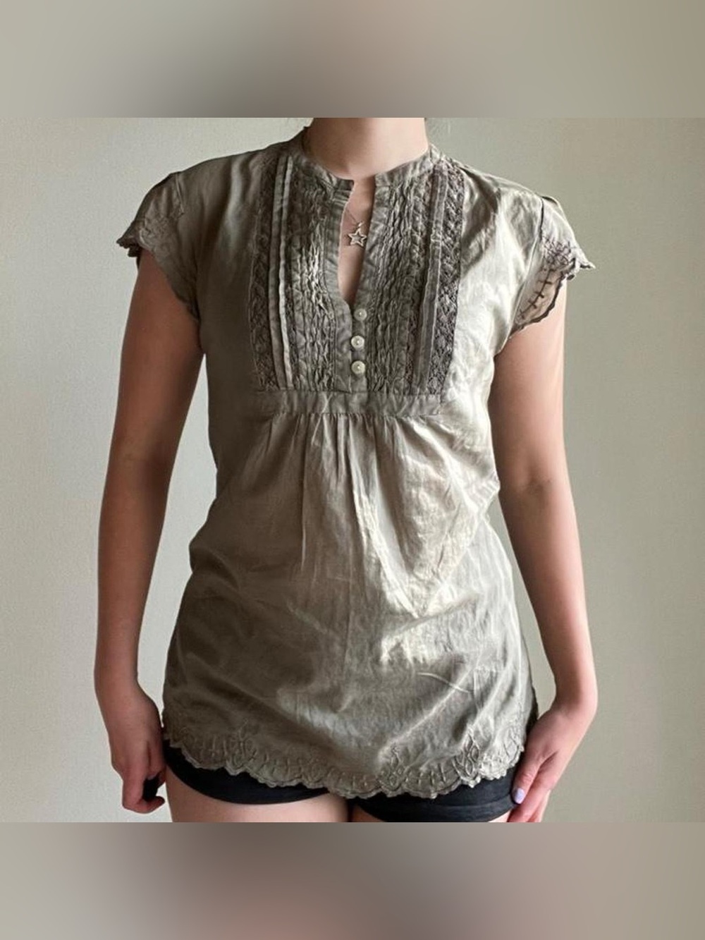 Coquette 2000s Greenish-Grey Ruffle Button Up Blouse Converse Women size XS